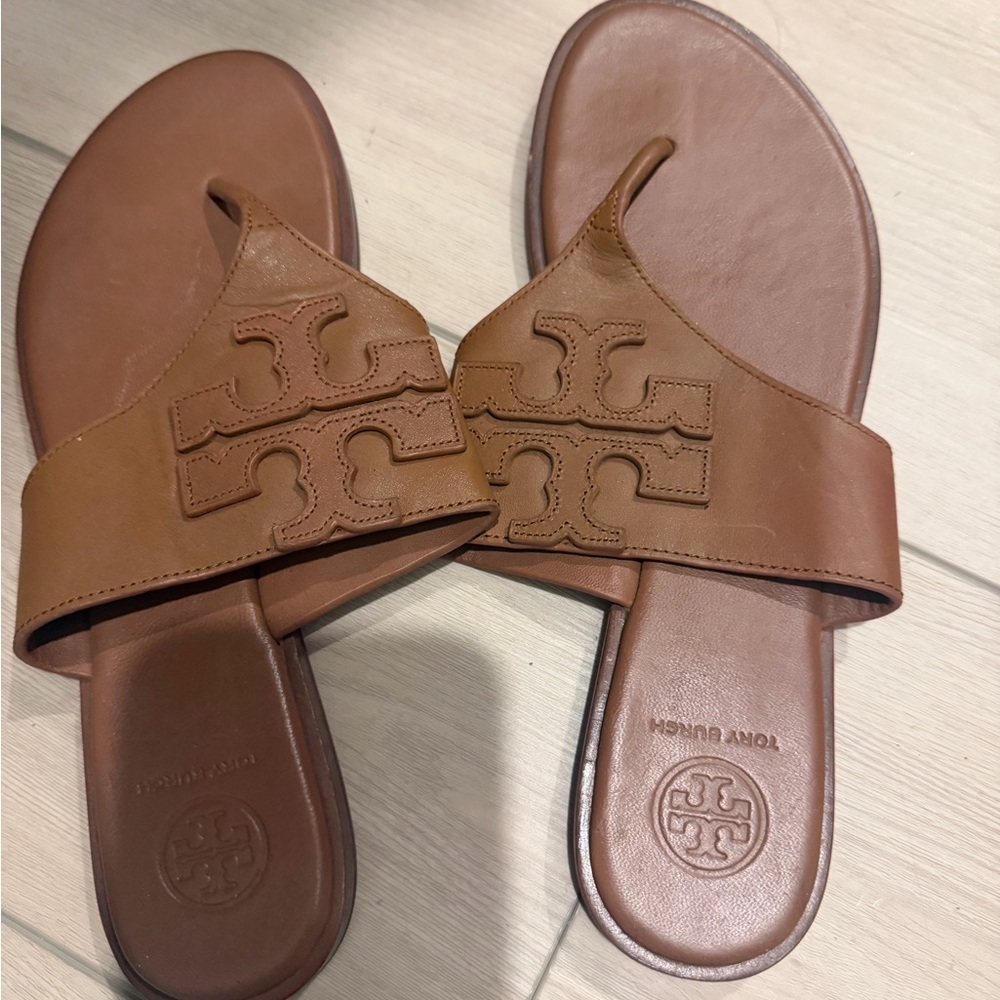 Tory Burch Cognac Leather Logo Slide Sandals